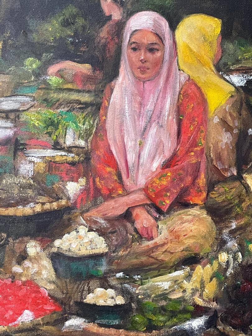 マレーシア東海岸 市場の女性　　　油彩画 木製フレーム