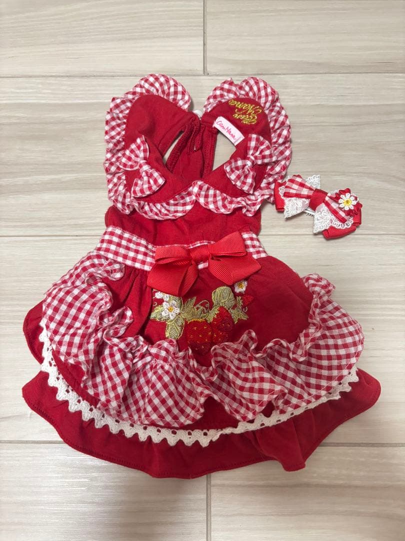 きゃんナナ レトロいちごギンガムフリルワンピース レッド＆バレッタセット