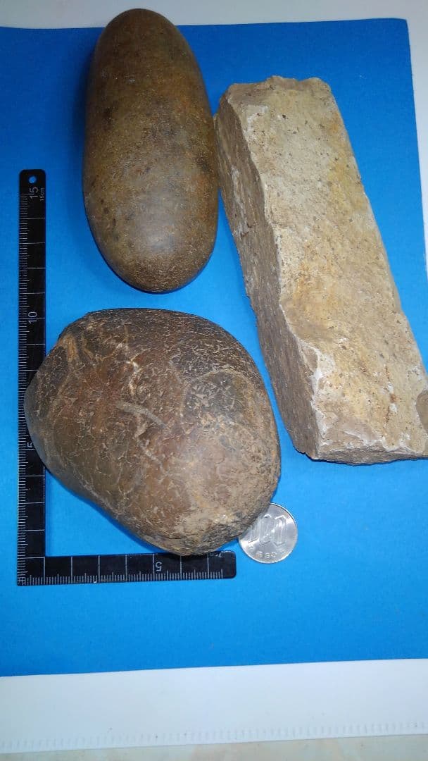 磨石(すりいし)セット　(出土品)　磨石(すりいし)2、礫器(れっき)？