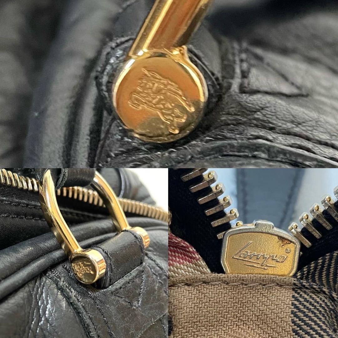 バーバリー ハンドバッグ ブラックレザー メガチェック ホースロゴ ゴールド