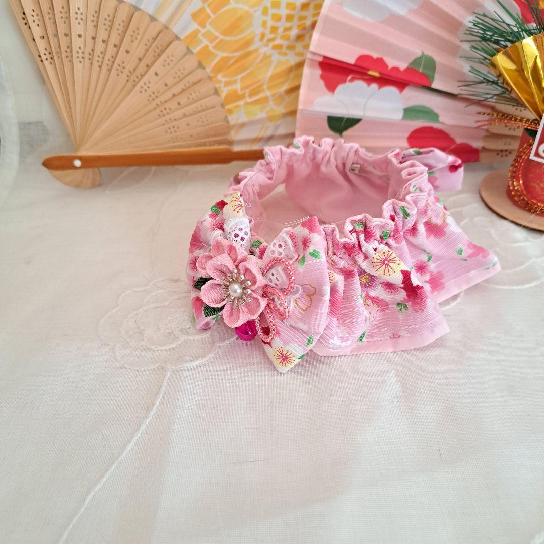 幅広シュシュ、和風妻み細工(ピンク②)わんちゃん猫ちゃん用