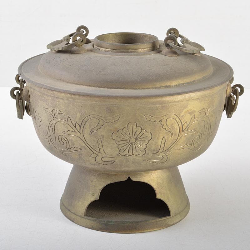 朝鮮美術　李王家美術工場造　蝙蝠手花彫金　神仙炉　宮廷料理器　V　R5820