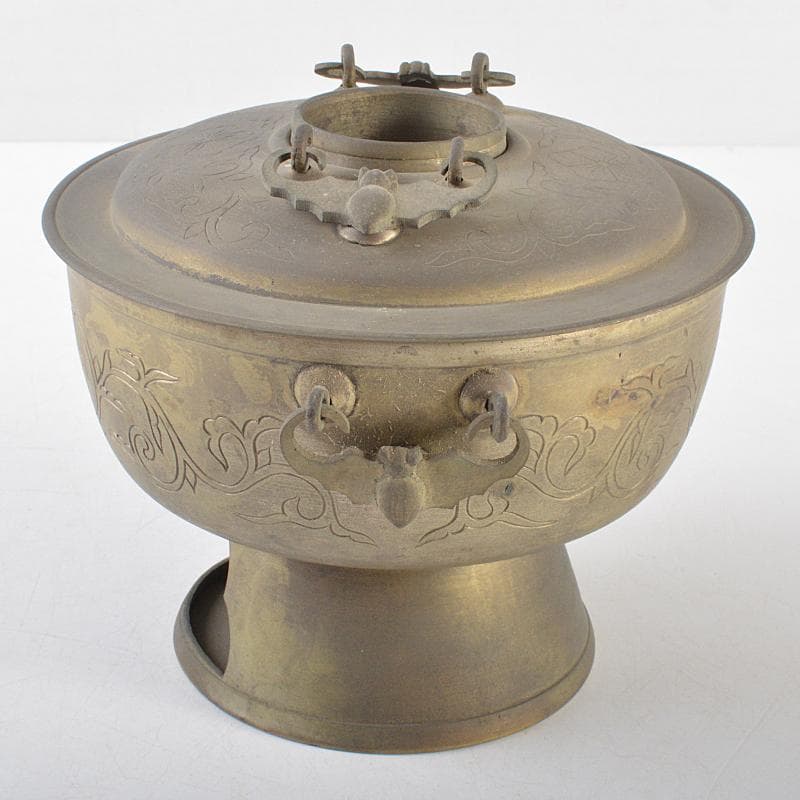 朝鮮美術　李王家美術工場造　蝙蝠手花彫金　神仙炉　宮廷料理器　V　R5820