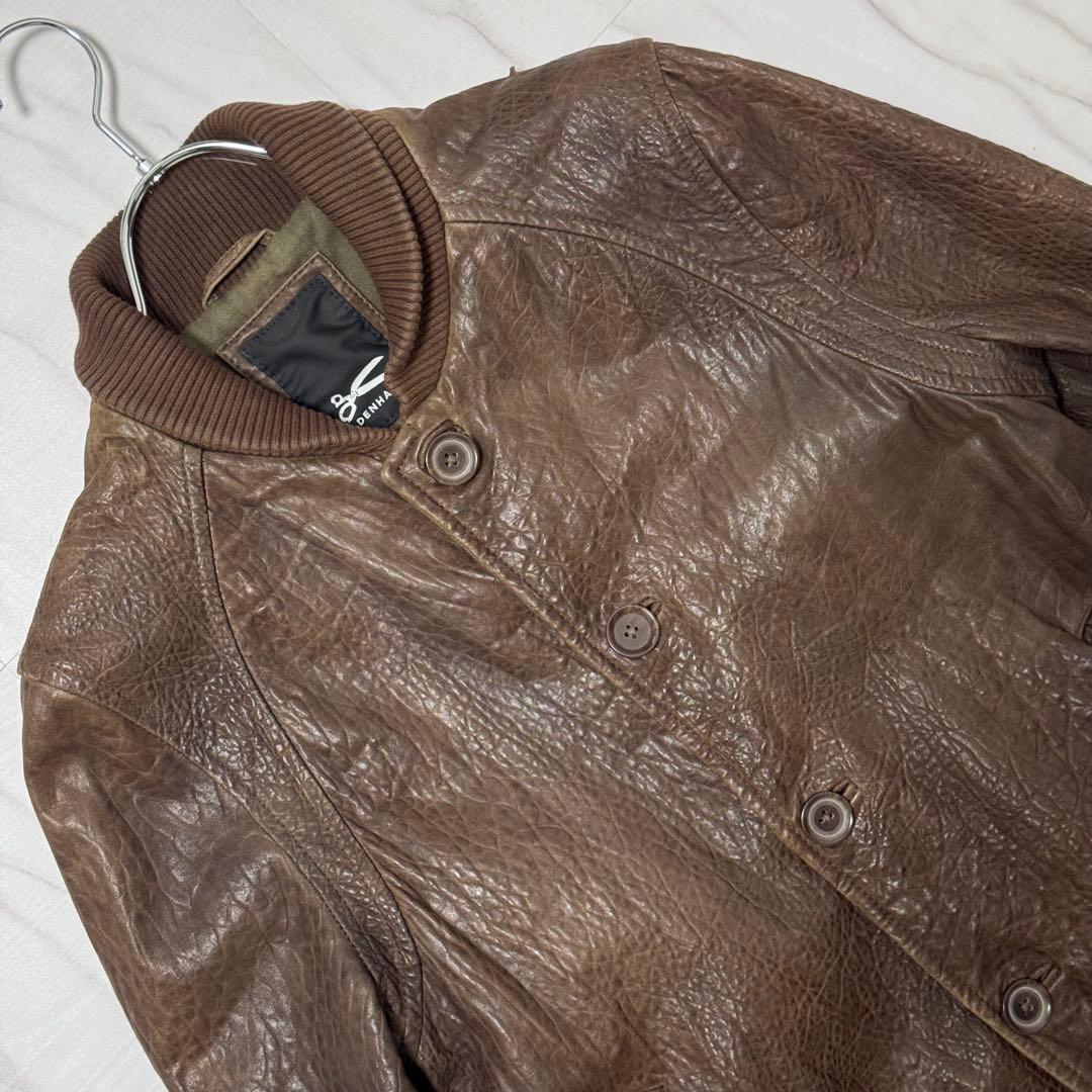デンハム レザーブルゾン ショールカラー ボタン ブラウン Mサイズ 本革 リブ