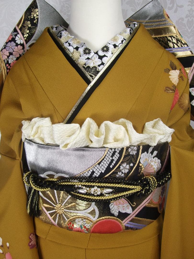 古典柄に牡丹の染め 芥子色 振袖フルセット 成人式 m14