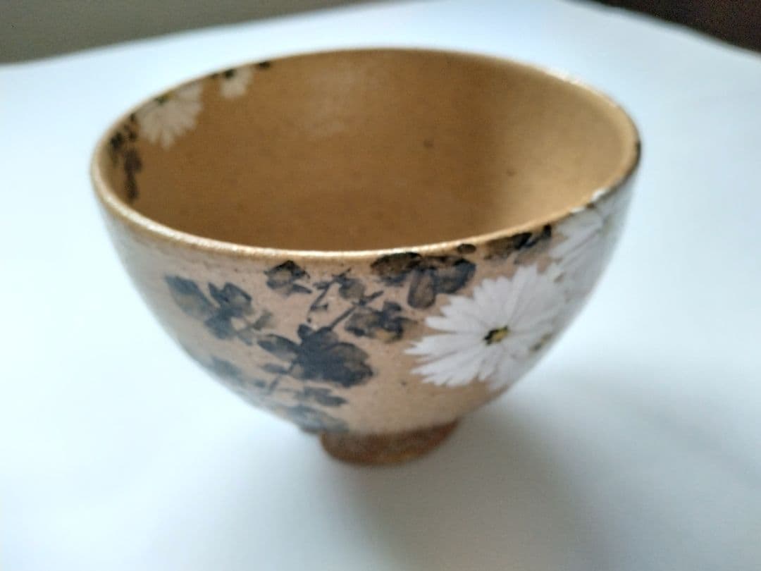 藤谷芳哉　白菊画 茶碗　水無月窯　抹茶碗　茶道具　共箱 共布 栞付 花紋様