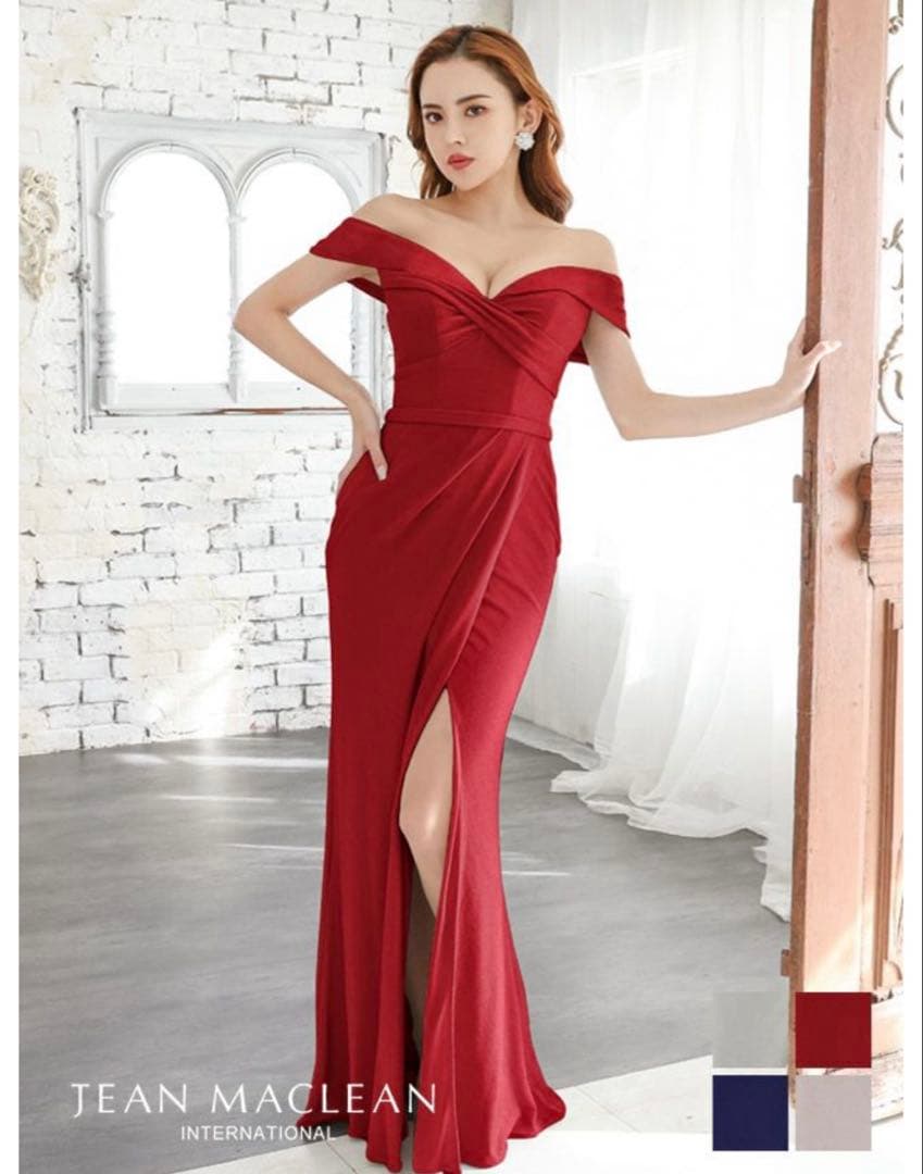 ギャザー シンプル ワンカラー オフショルダー サイドスリットタイトロングドレス