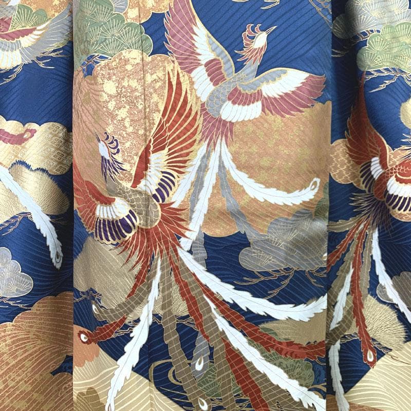 601z12〇古典柄 振袖 紺色 地紋 金彩 鳳凰 松〇美品 成人式 結婚式