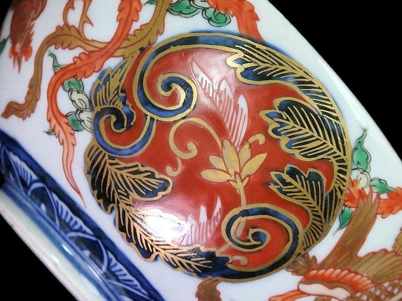 古伊万里　金襴手　鳳凰に赤玉唐草の図　大振蓋茶碗　AS-CXo