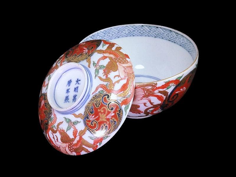 古伊万里　金襴手　鳳凰に赤玉唐草の図　大振蓋茶碗　AS-CXo