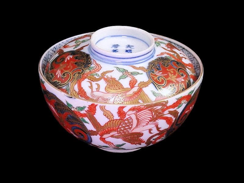 古伊万里　金襴手　鳳凰に赤玉唐草の図　大振蓋茶碗　AS-CXo