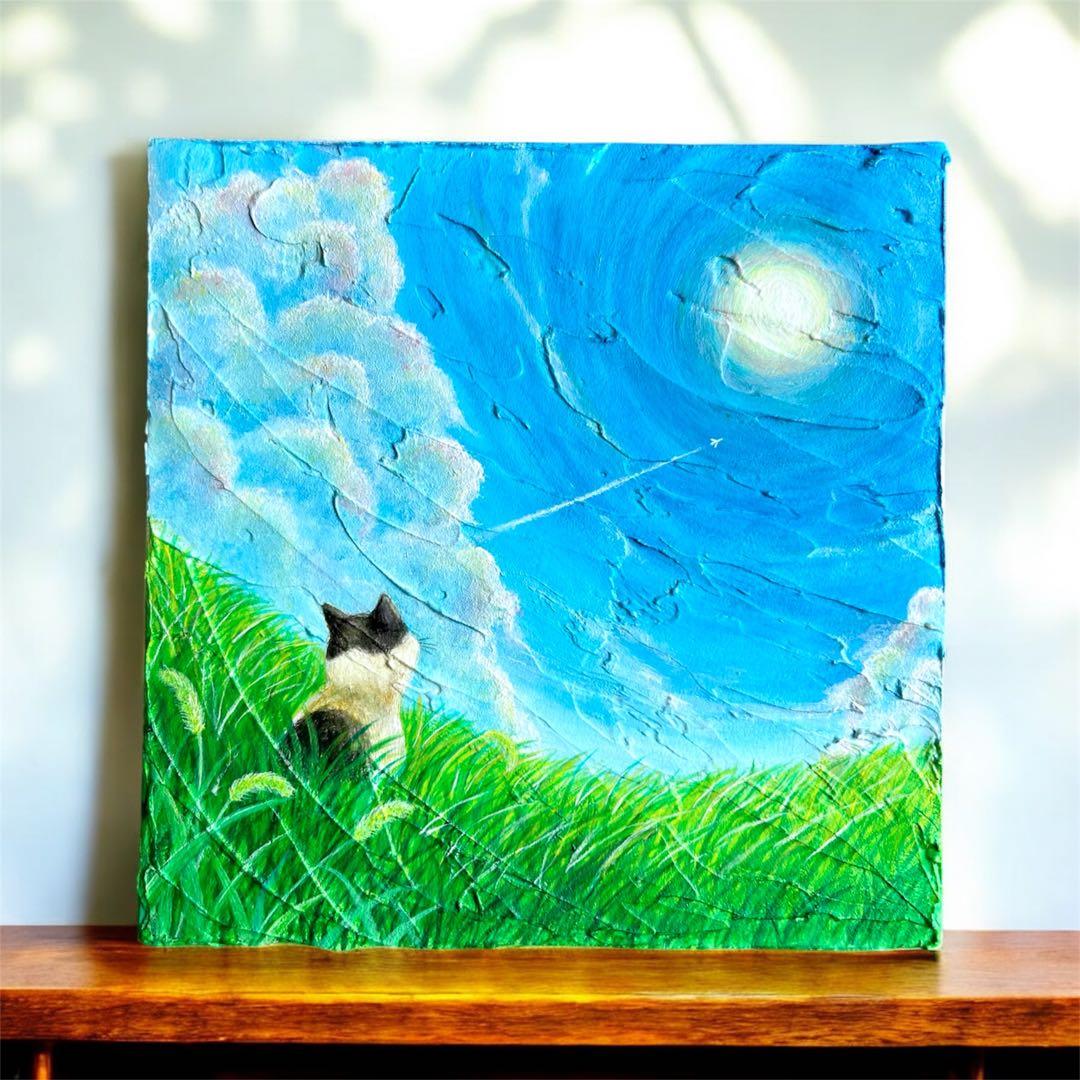 「いま、ここにいる」空の絵　猫の絵　キャンバス　メディウム　立体アート　雲の絵