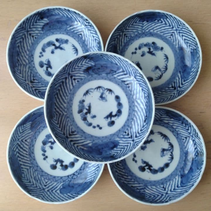 古伊万里染付雲竜檜垣文なます皿江戸時代五客セット