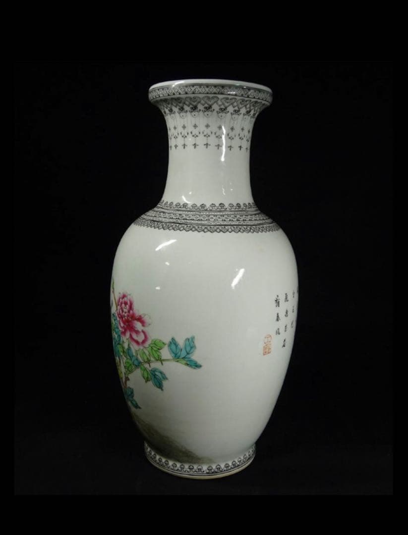 中国古玩 景徳鎮製 孔雀漢詩文大花瓶 高約36cm 時代物 粉彩