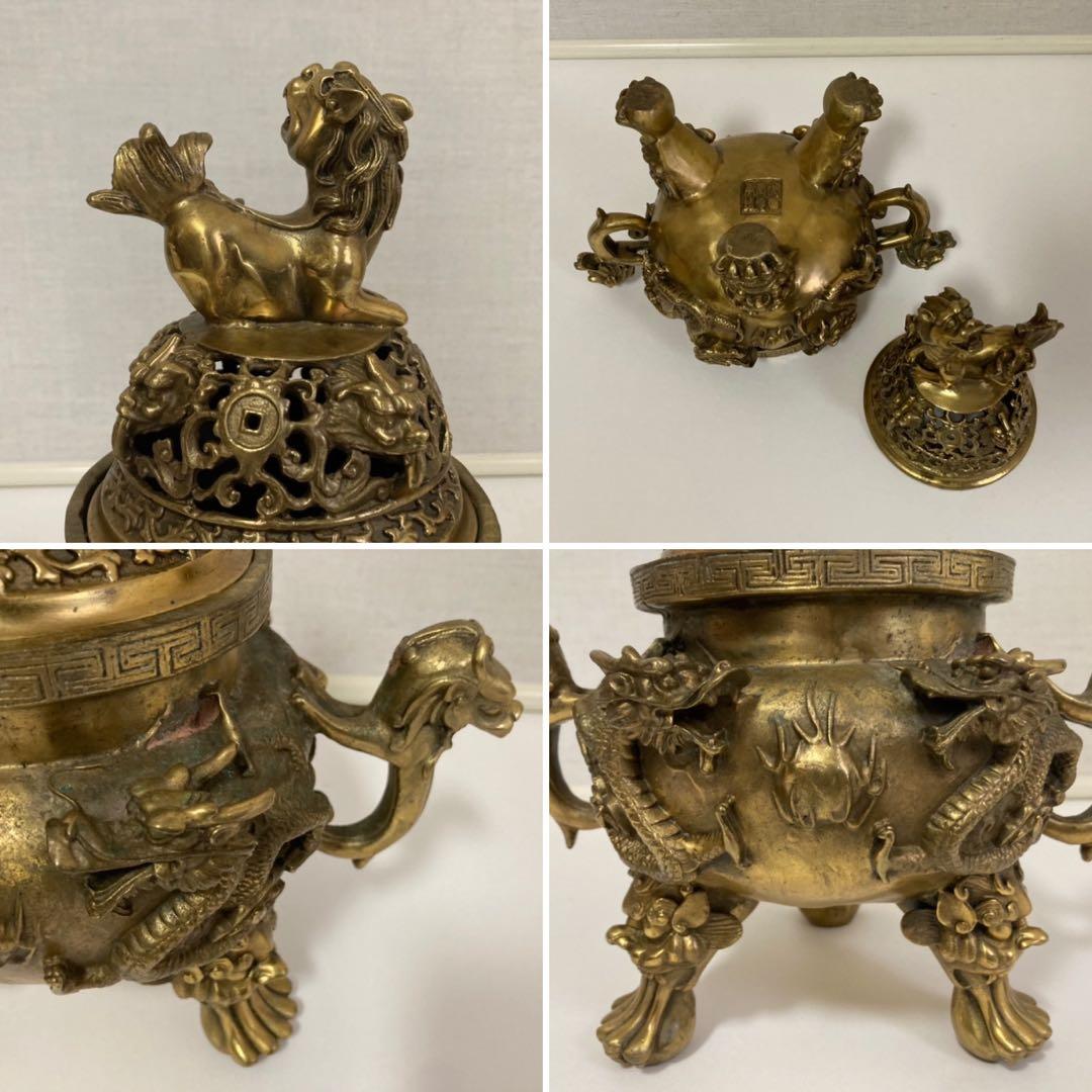大明宣徳年鋳 香炉 銅製⁇ 真鍮⁇ 獅子 龍 工芸品 美術 大型 置物 レトロ