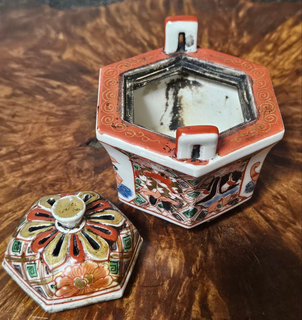 【大珍品❗】明治時代　大聖寺伊万里　 金彩色絵　韃靼人に南蛮船図　六角形小香炉