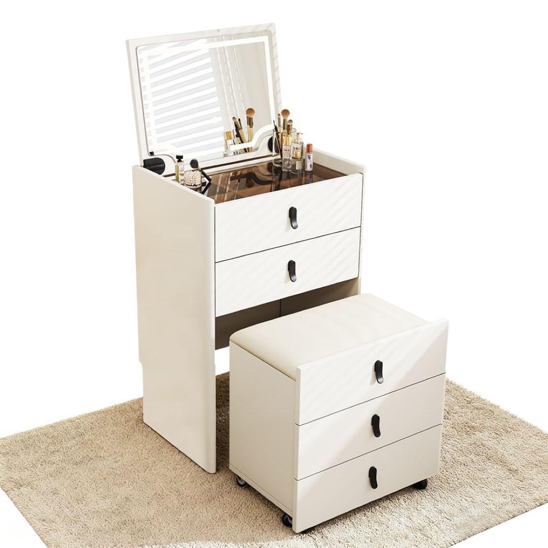 【本日限定セール】新品ドレッサー おしゃれ LEDミラー　ブラウン強化ガラス天板