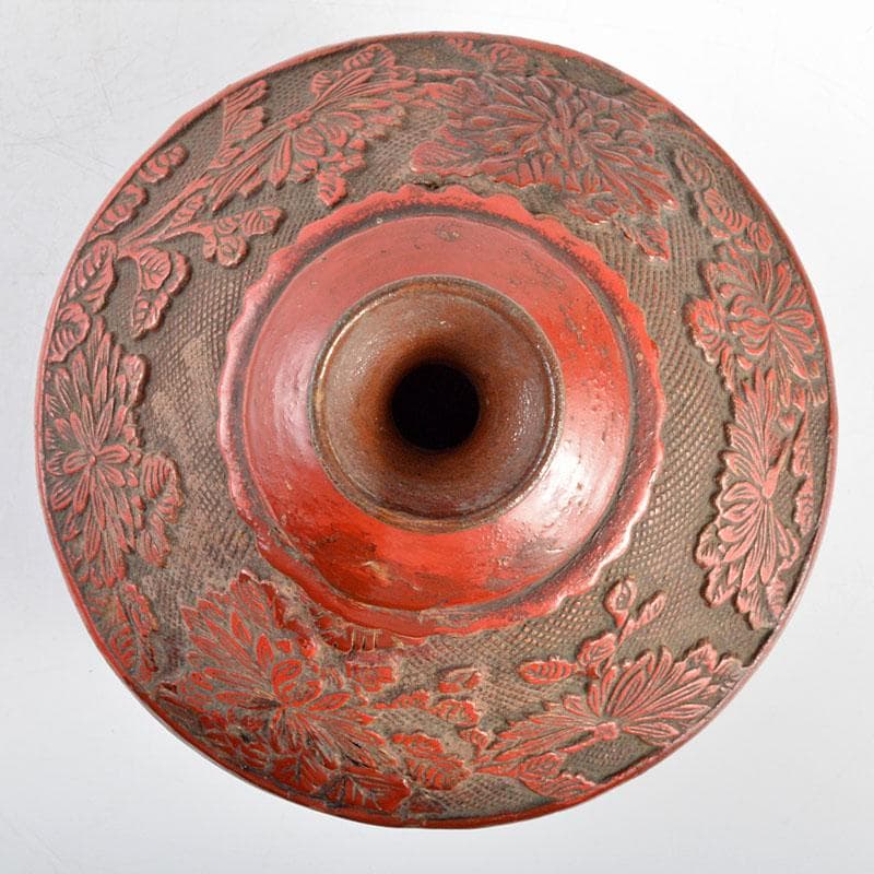 中国　陶堆朱朱泥海鼠釉　刻花文瓶　壷　桐箱付　M　R4805