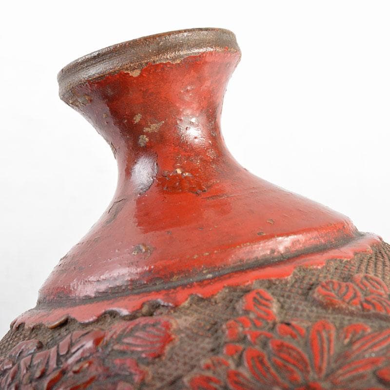 中国　陶堆朱朱泥海鼠釉　刻花文瓶　壷　桐箱付　M　R4805