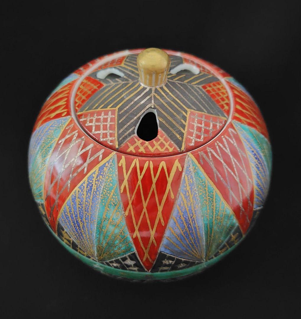 宮本晄(晃) 九谷焼 手まり紋様香炉 共箱共布栞 茶道具