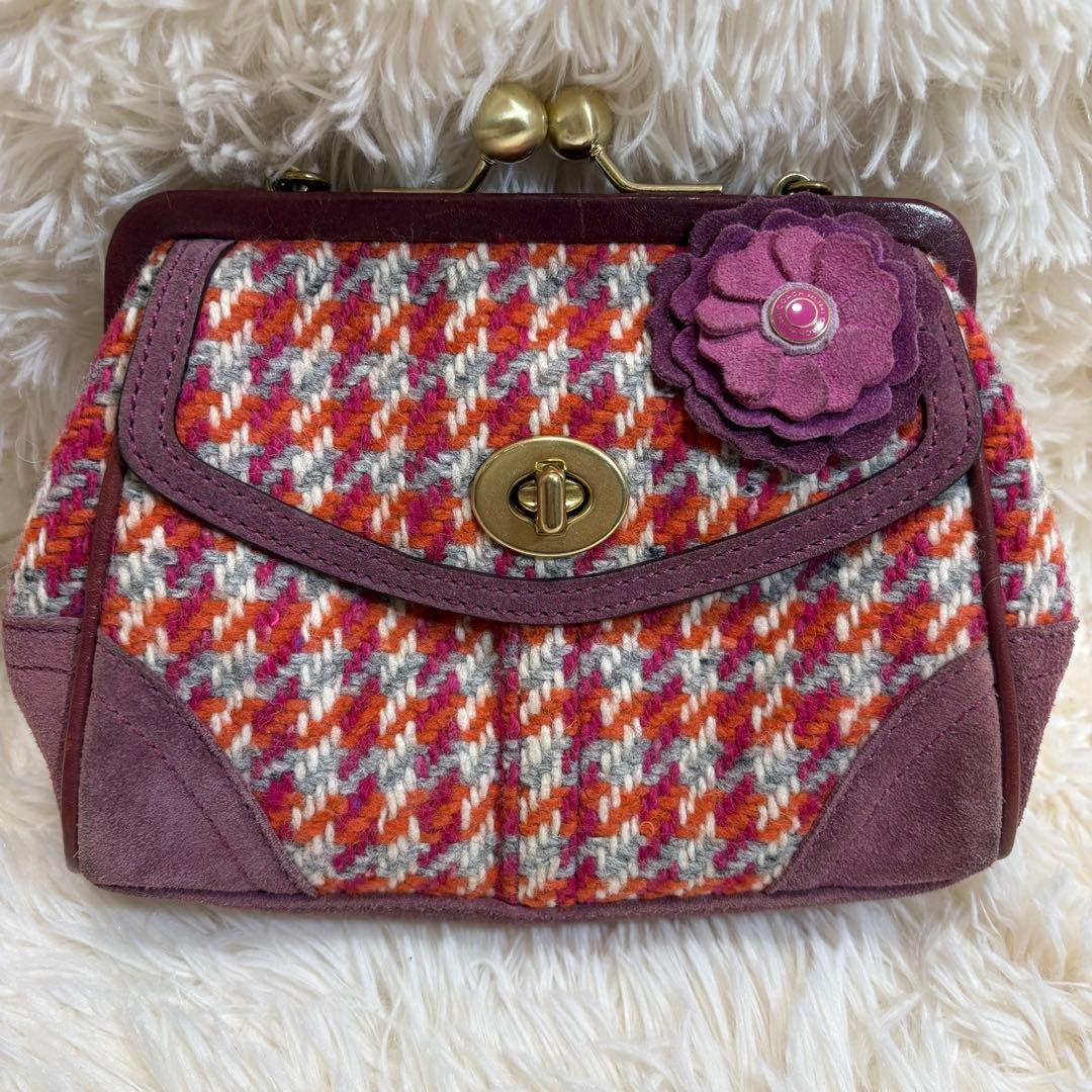 コーチ 8F45 がま口ポーチ ミニバッグ パーティーバッグ ツイード スエード