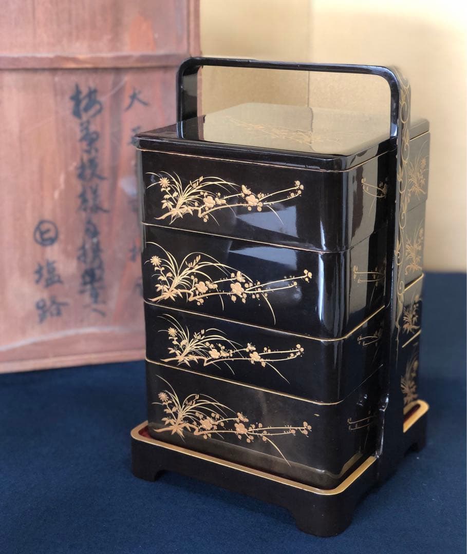 《レ》大正時代 草花蒔絵 提げ重 四段重 木製漆器 木箱　251117え2