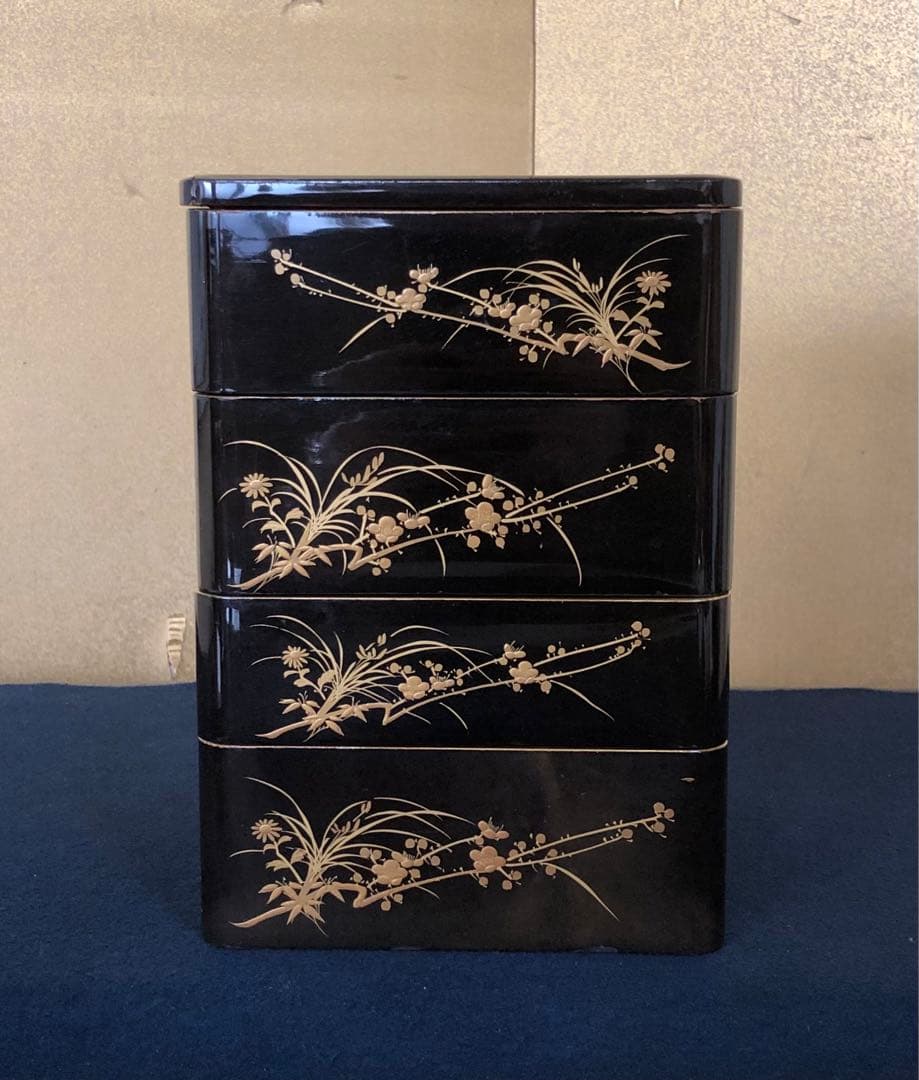 《レ》大正時代 草花蒔絵 提げ重 四段重 木製漆器 木箱　251117え2