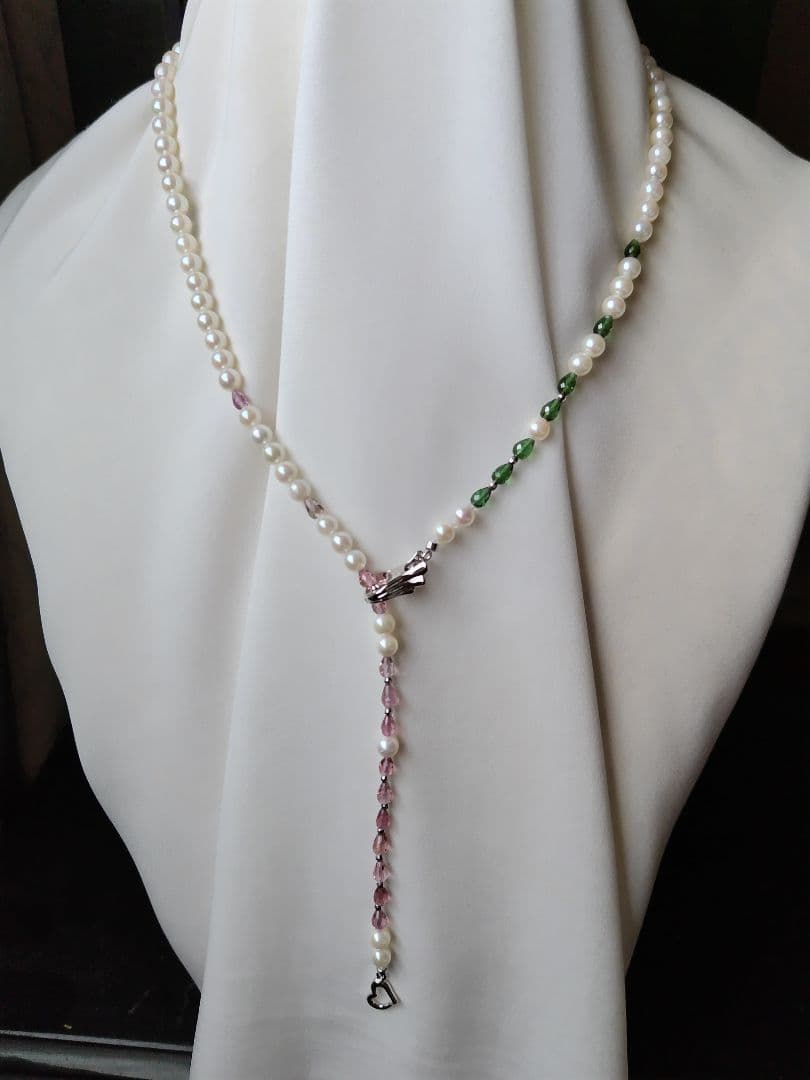 アコヤ真珠ベビーパール、グリーントルマリン、ピンクトルマリン、3WAYネックレス