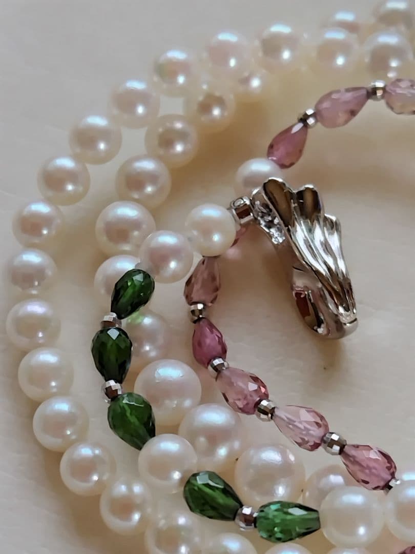 アコヤ真珠ベビーパール、グリーントルマリン、ピンクトルマリン、3WAYネックレス