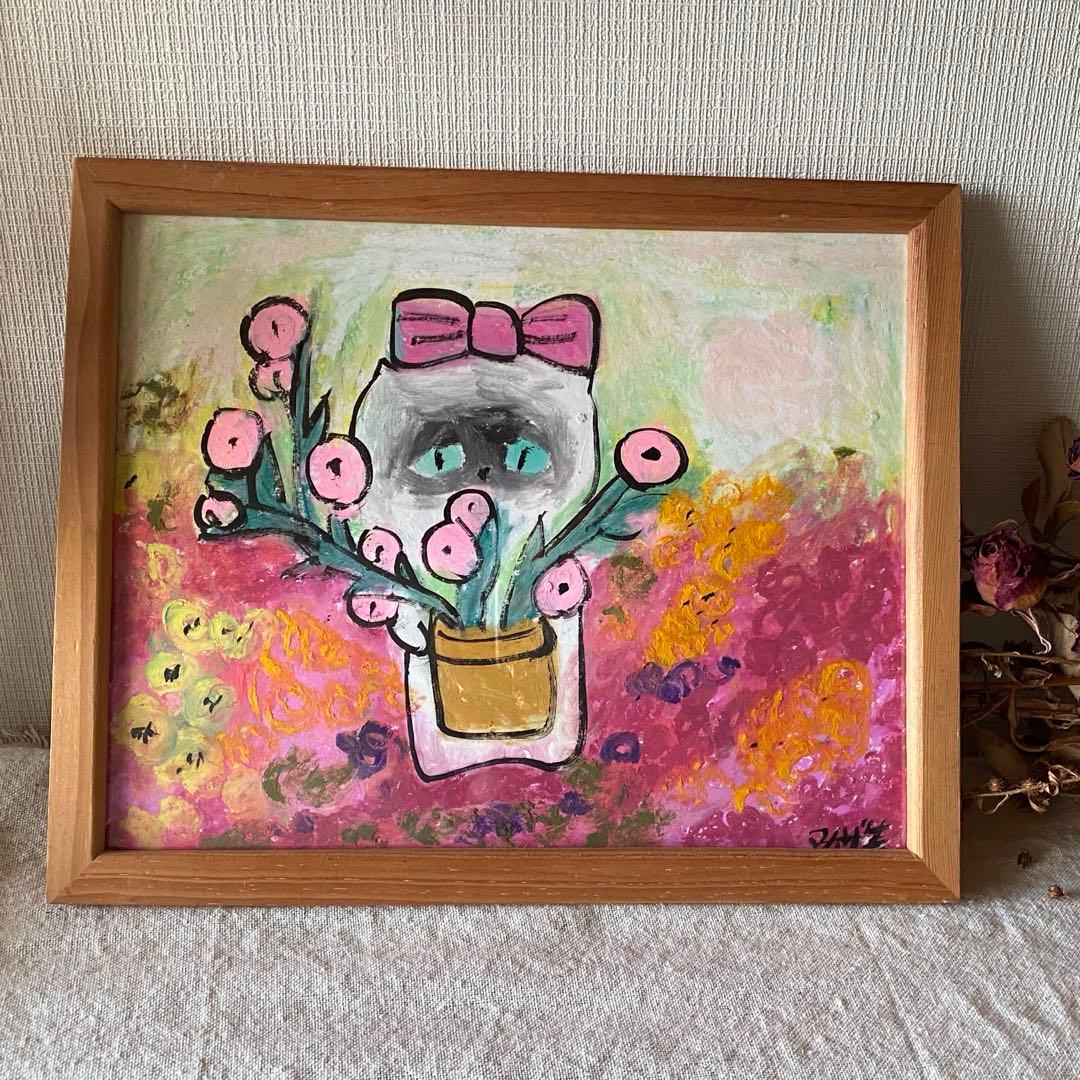 絵画 。原画☆【美しい花畑にきれいな花を植えたかわいいシャム猫】