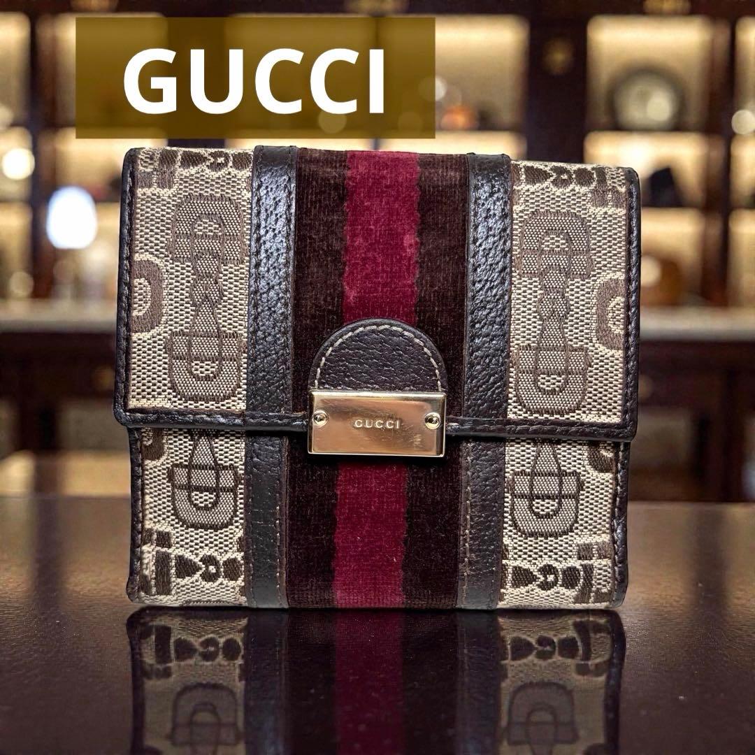 希少　GUCCI グッチ キャンバス レザー 折り財布 ウォレット ブラウン