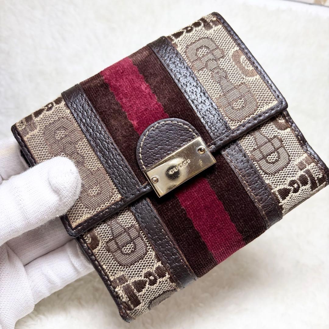 希少　GUCCI グッチ キャンバス レザー 折り財布 ウォレット ブラウン