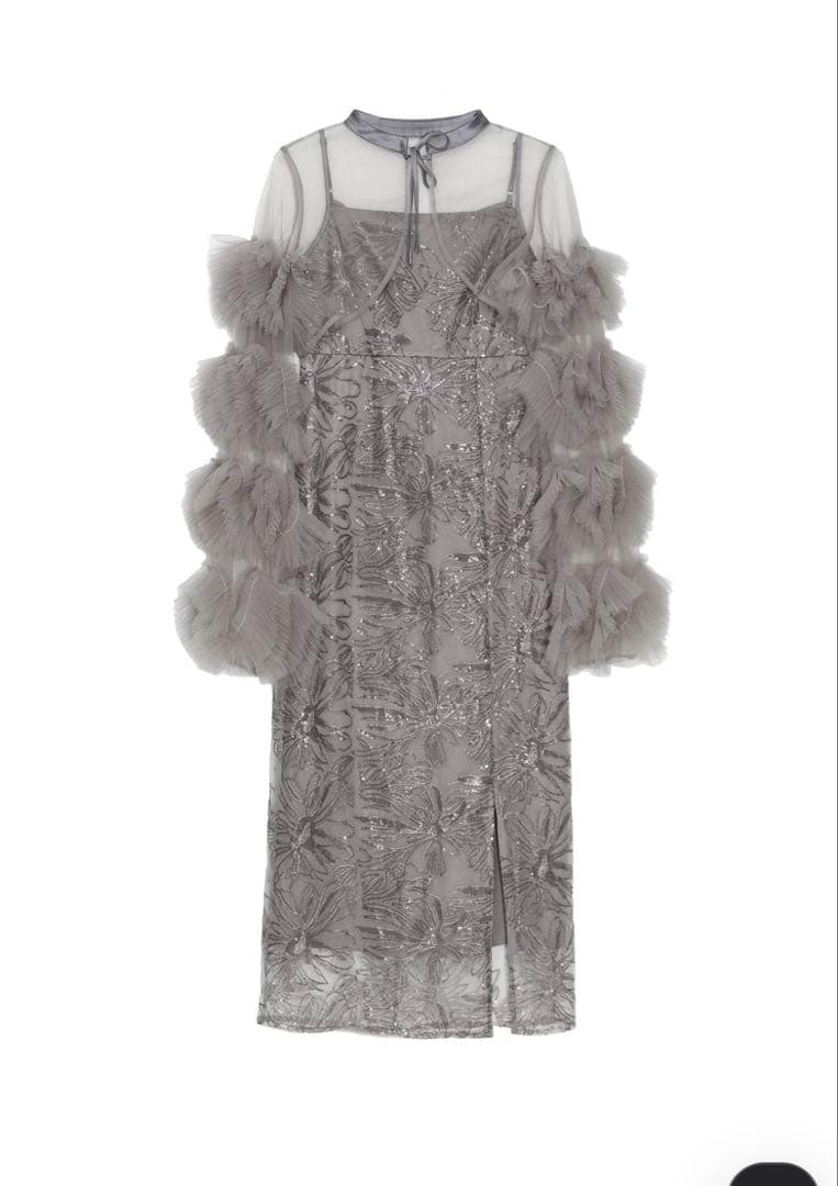 Leja フリルチュールスリーブリボンIラインワンピースドレス S タグ付き