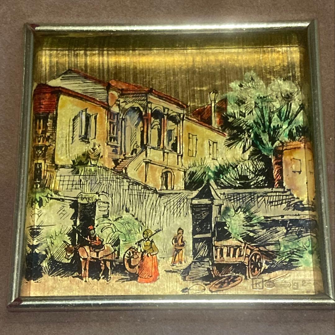 ジャンク品 刻印あり イタリア製 壁掛け 額装アート 詳細不明