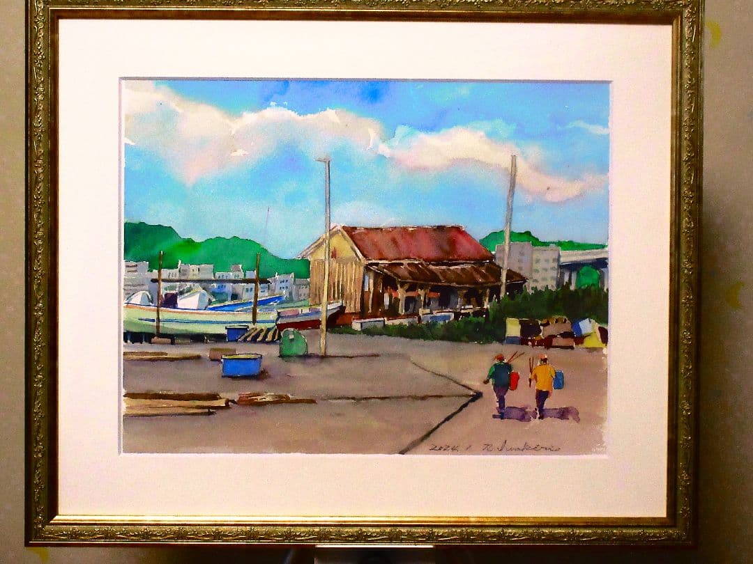 水彩画 港の風景 2022年作 額装済み F6サイズ