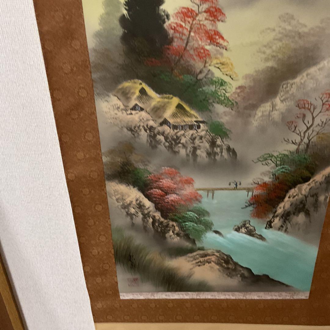 松泉筆 絹本彩色山水図 肉筆画 落款印譜在 桐箱 タトウ箱付