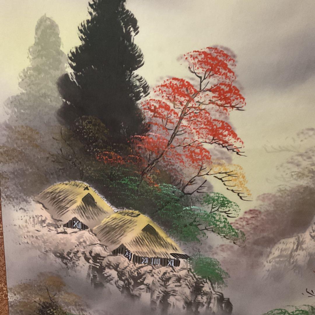 松泉筆 絹本彩色山水図 肉筆画 落款印譜在 桐箱 タトウ箱付