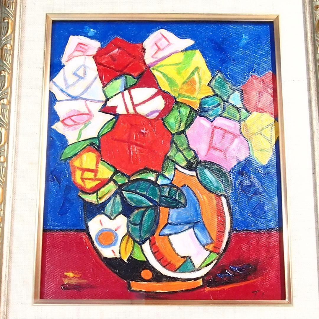 【美品】油彩画/油絵 市村司「ばら」薔薇/バラ 額付き アート/絵画/オブジェ