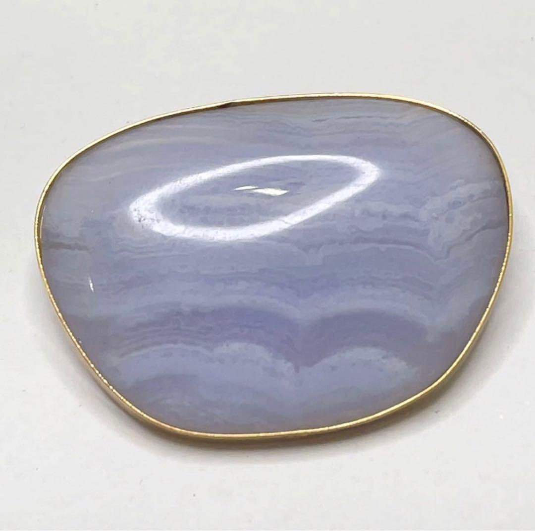 美品 天然石 ブルーレースアゲート 瑪瑙 K18枠 18金 ブローチ