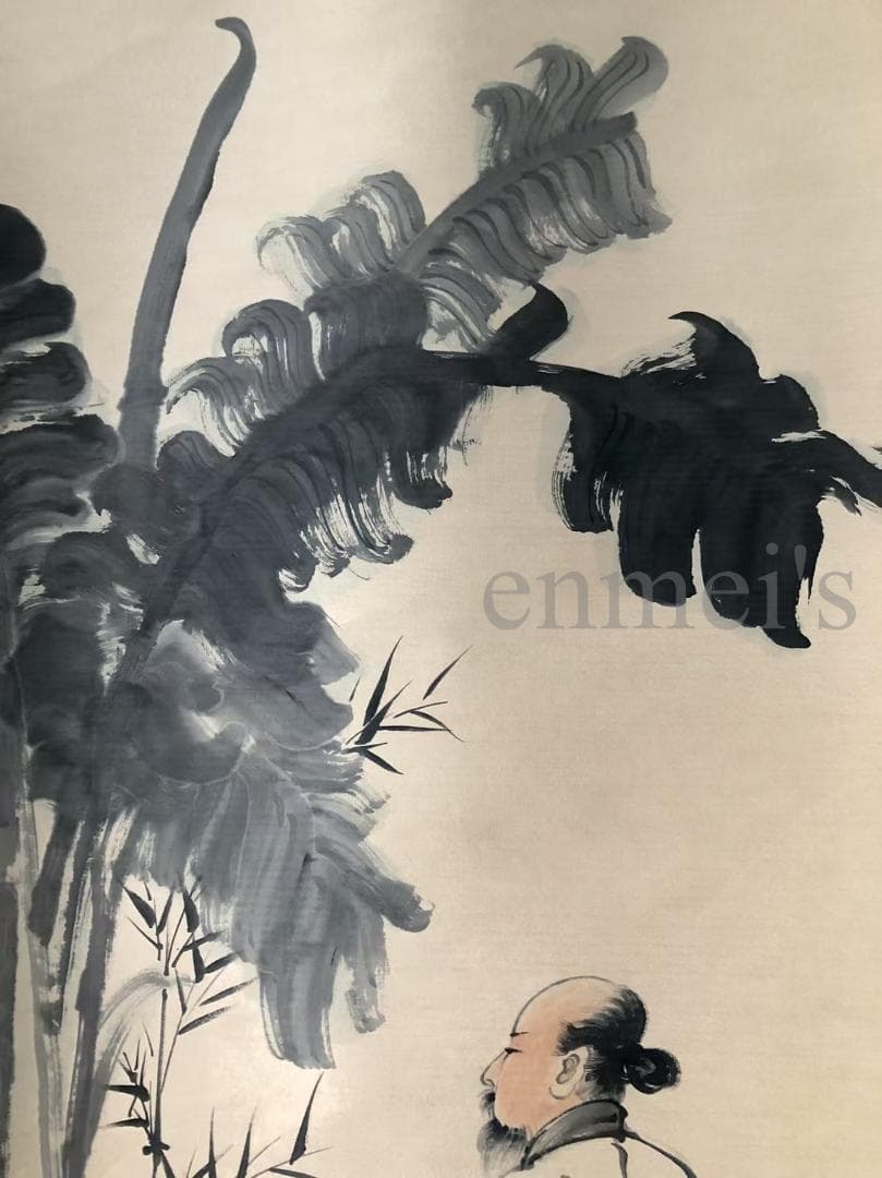 中国古美術・四尺人物と植物掛軸・水墨画・張大千印款・書道品・賞物・肉筆・文房置物