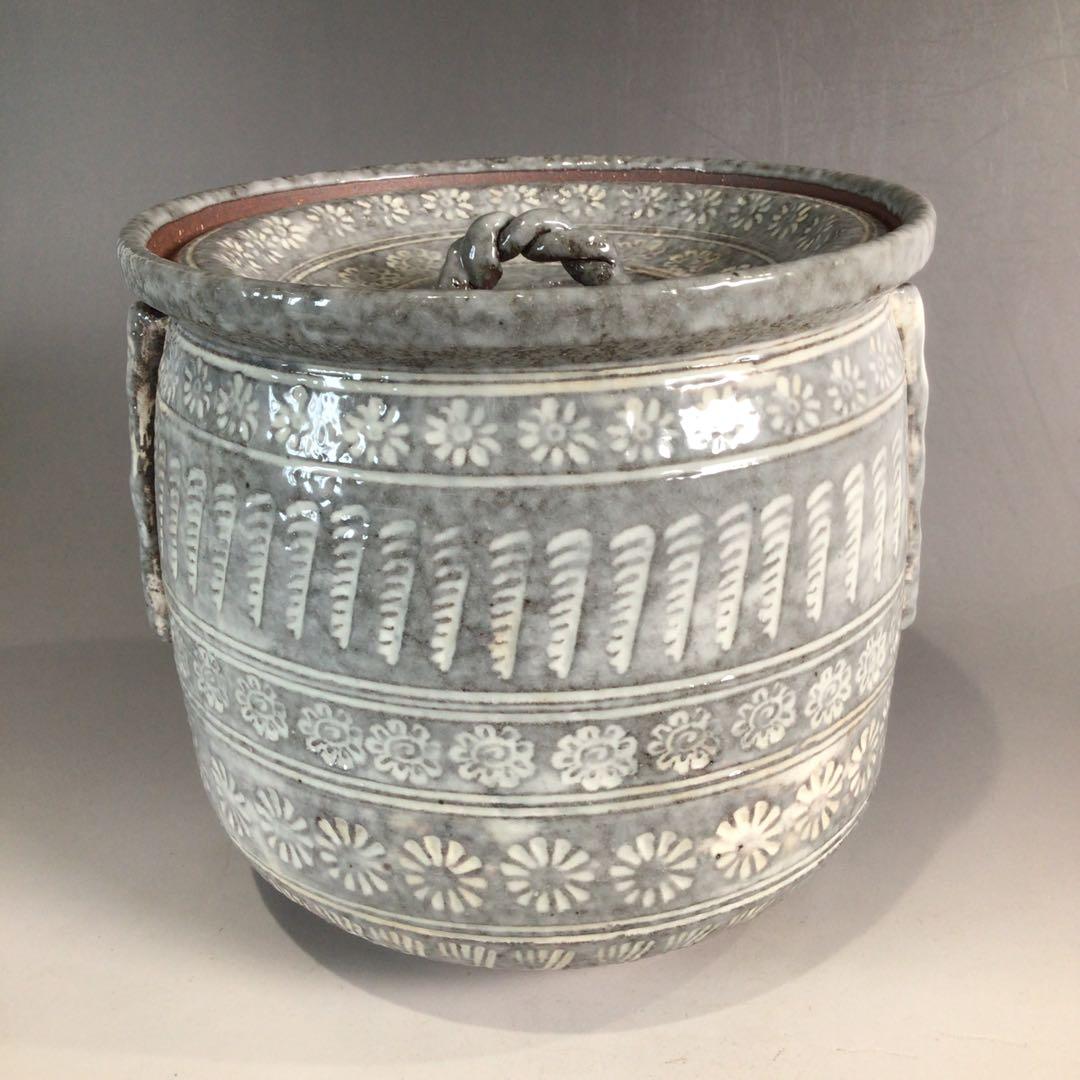 Ｐ３５３　水指　『平安　浅見与し三造』『花三島』『耳付水指』　共箱　茶道具