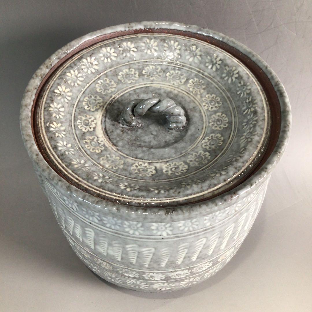 Ｐ３５３　水指　『平安　浅見与し三造』『花三島』『耳付水指』　共箱　茶道具