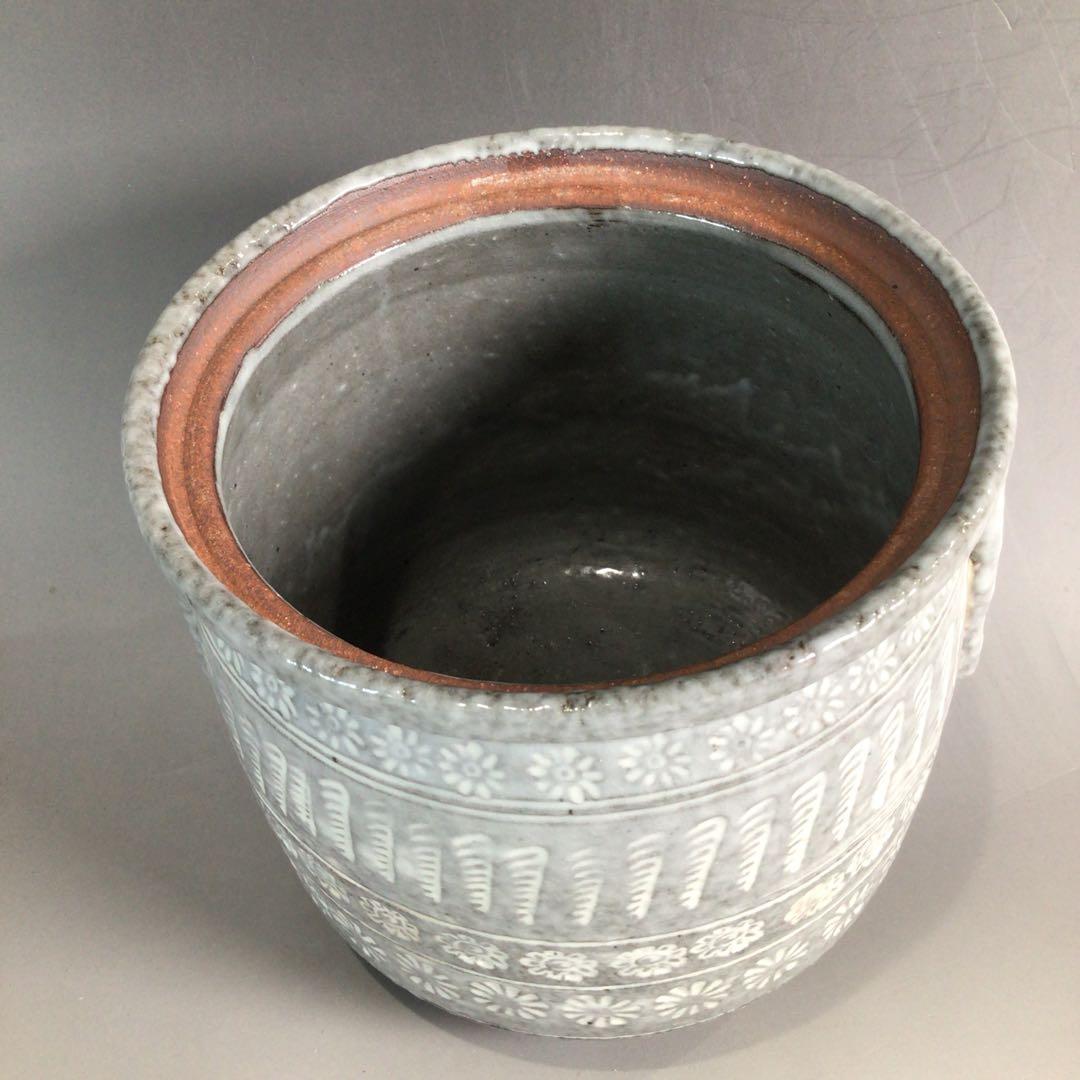 Ｐ３５３　水指　『平安　浅見与し三造』『花三島』『耳付水指』　共箱　茶道具