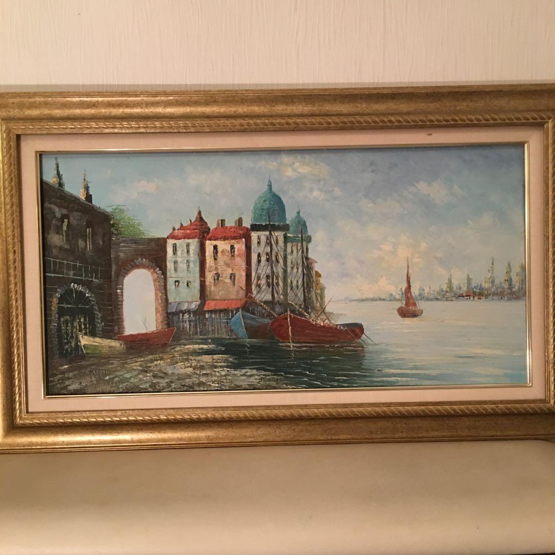 ヨーロッパ絵画油絵手書き横長ワイド