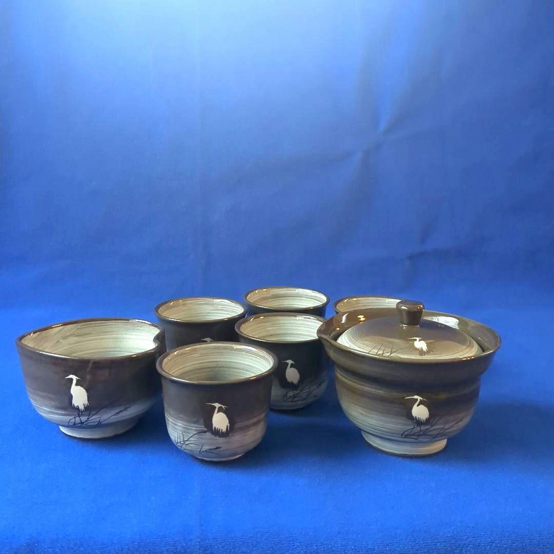 臥牛窯 現川焼 茶器セット 無形文化財指定　十三代横石臥牛　刷毛白鷺図