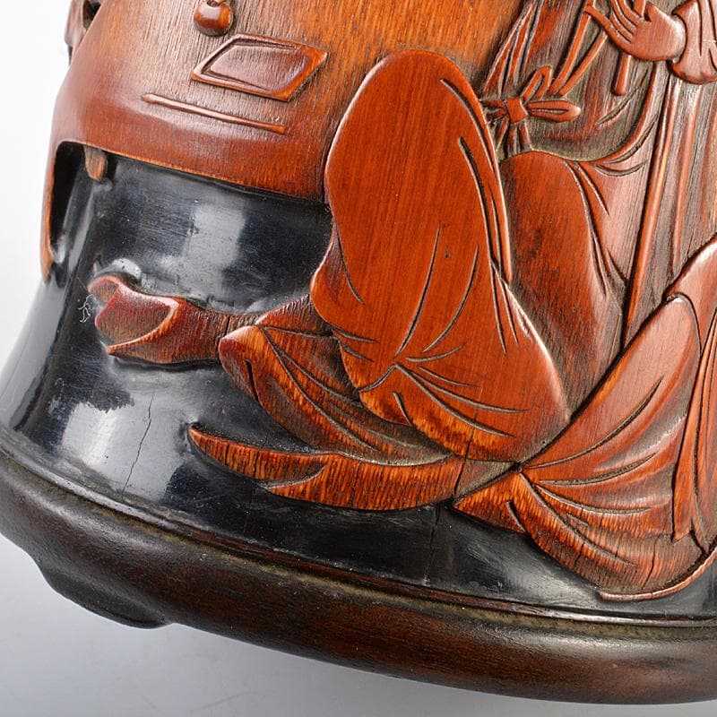 中国　古竹彫刻　黒漆　漢詩人物文　筆筒　時代箱付　G　R7384