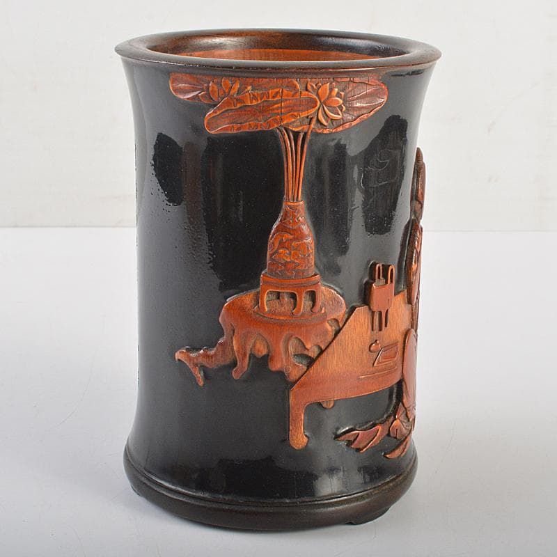 中国　古竹彫刻　黒漆　漢詩人物文　筆筒　時代箱付　G　R7384