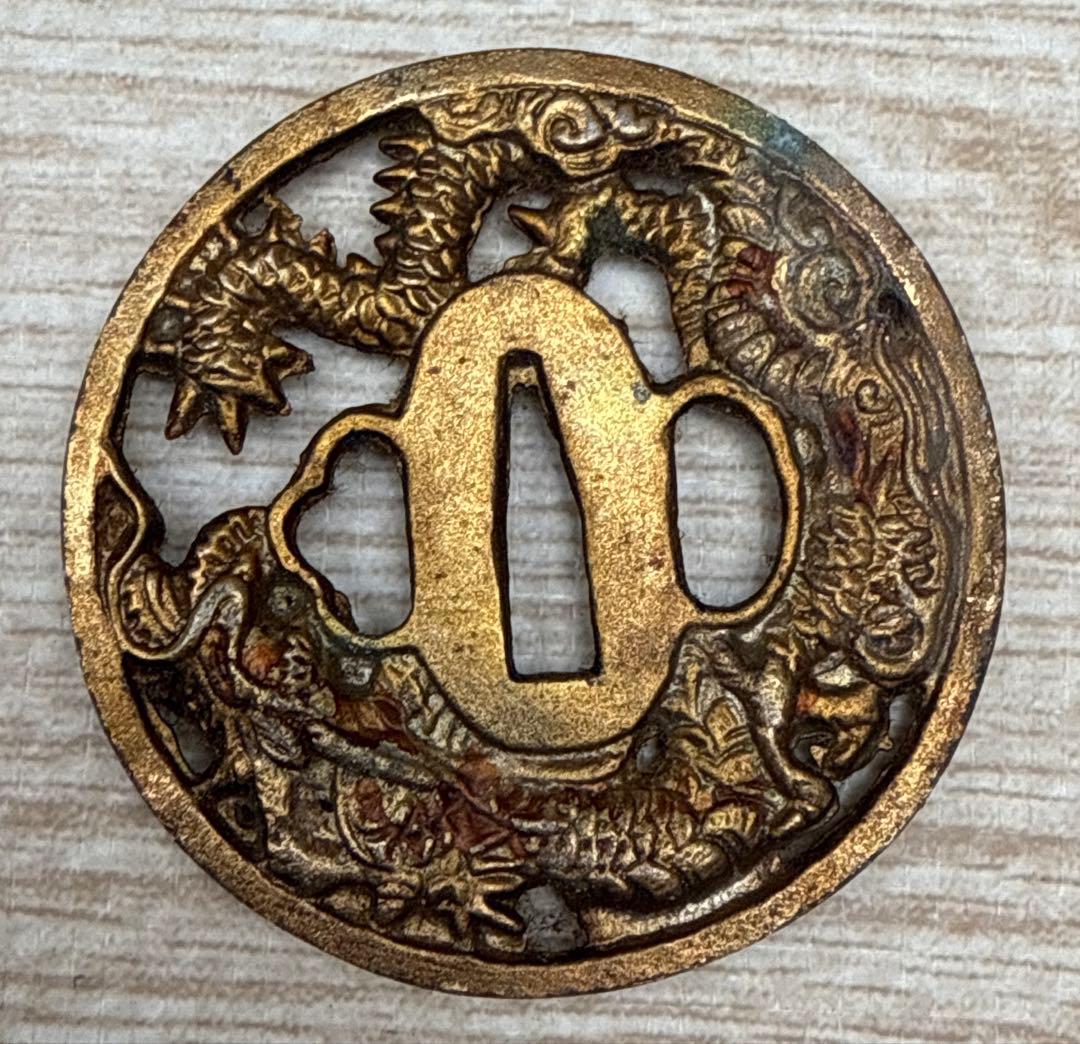孝行作　刀装具 鍔 龍透かし柄 古美術品 金色塗