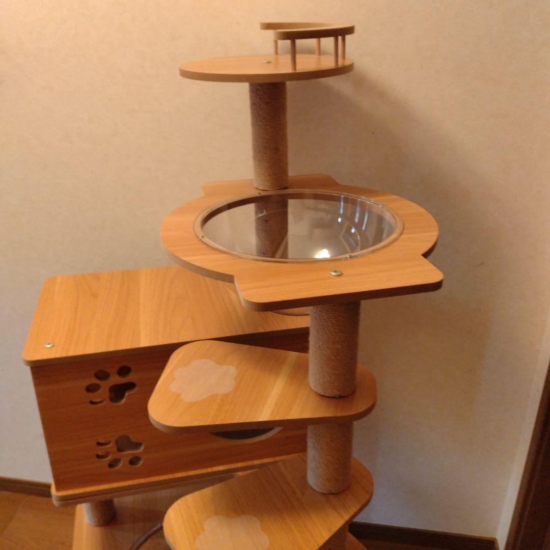 RAKU　木製　キャットタワー ベージュ　宇宙船付き