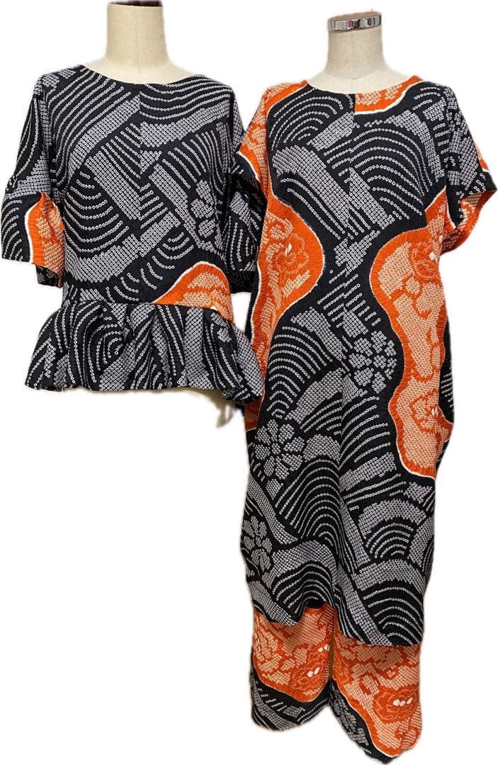 総絞り　着物振り袖リメイク正絹　チュニック　パンツ　ワンピース未使用　3点セット